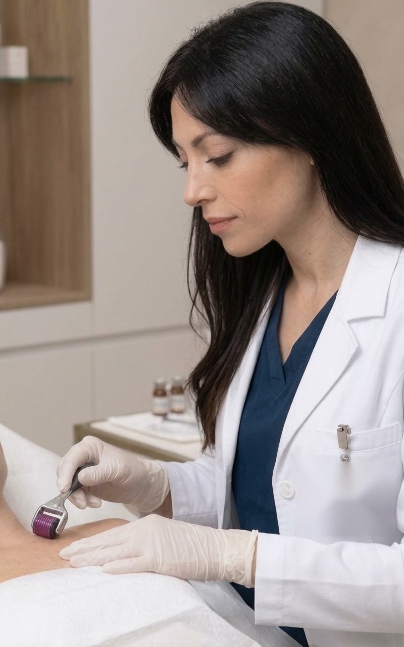 La doctora aplicando un tratamiento facial con guantes